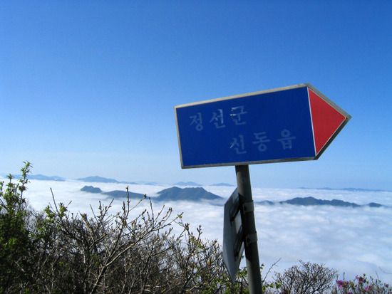 A direction sign reading Jeongseon County, Sindong-eup against a sea of clouds